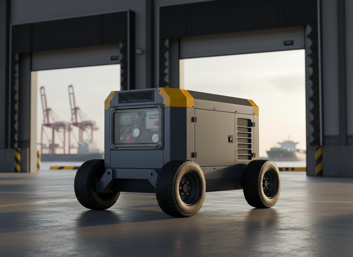 A close-up, three-quarter view of a heavy-duty mobile generator with a matte steel housing in deep slate gray, accented by safety-yellow corners and sturdy rubberized wheels. The unit stands on a clean loading bay just outside a distribution facility, with the Port of Constanta cranes and distant cargo ships softly blurred in the background. Late afternoon natural light combined with subtle fill lighting highlights the metal textures, vents, and control panels, casting gentle, precise shadows. Shot from a low angle to enhance the machinery’s presence and reliability. Photographic realism with a professional, technical mood, ideal for a B2B distributor showcasing durable, ready-to-ship utility machinery products.